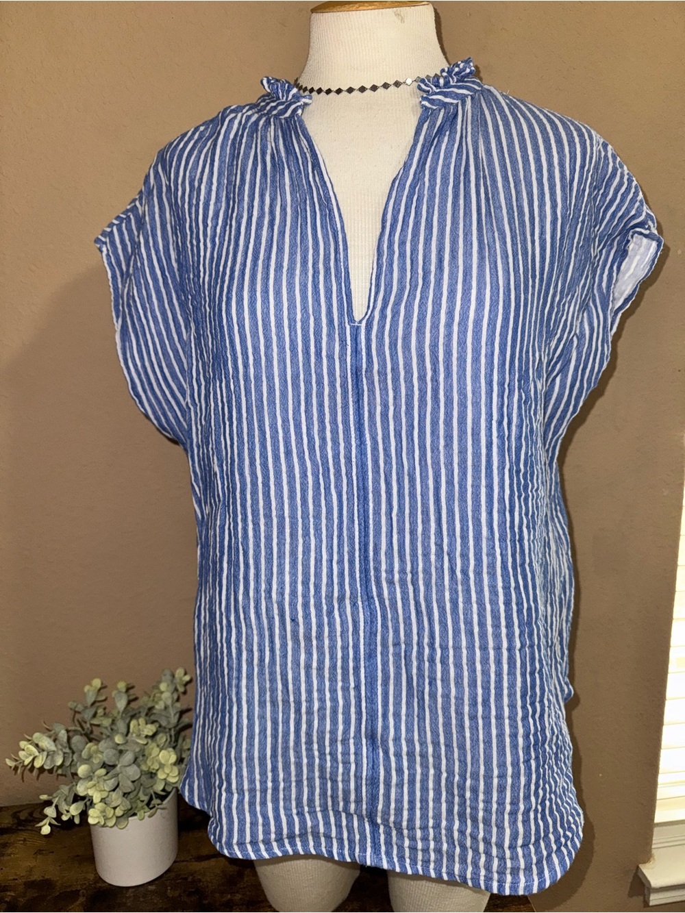 H&M 100% Cotton Blue and White Striped Split-Neck Tunic women’s large